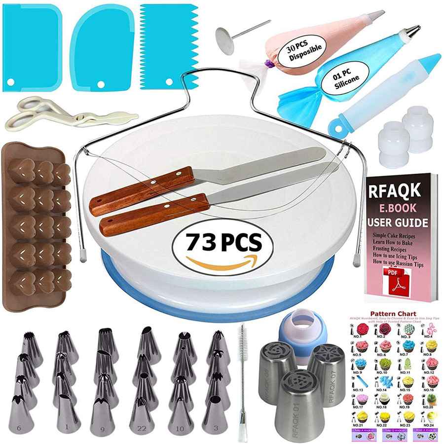 73Pcs DIY 케이크 턴테이블 세트 케이크 퐁당 초콜릿 금형 및 장식 입 세트 케이크 스탠드 케이크 장식 도구